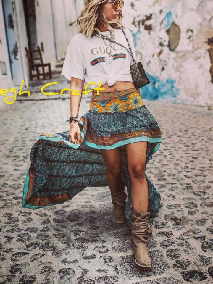 women boho Silk High and Low Flare Skirt-Ruffle Maxi Skirts for wholesale by Meghcraft