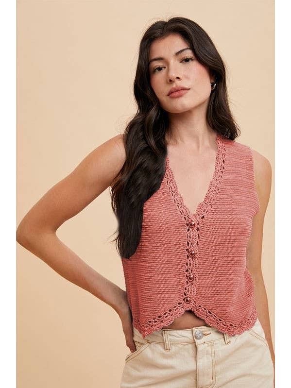 Vanilla Monkey - Vente Haut en maille – femme - Gilet en maille avec boutons et bordure en crochet4