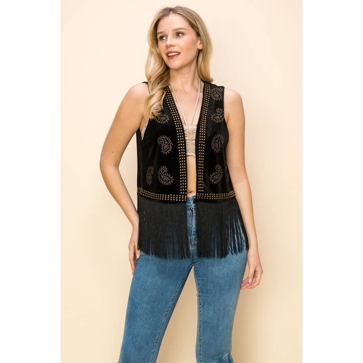 VOCAL - Wholesale Outerwear Vest - Women's - VELVET FRINGE VEST WITH PAISLEY STUDS