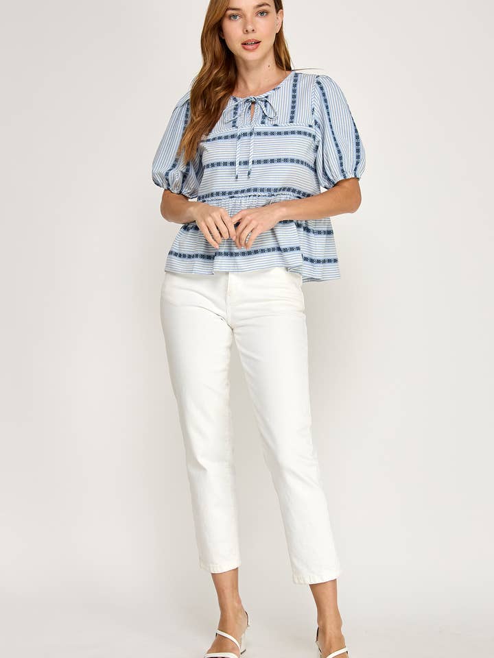 TT-10643-6 PUFF SLEEVE TOP-BLUE WHITE for wholesale by Ellison