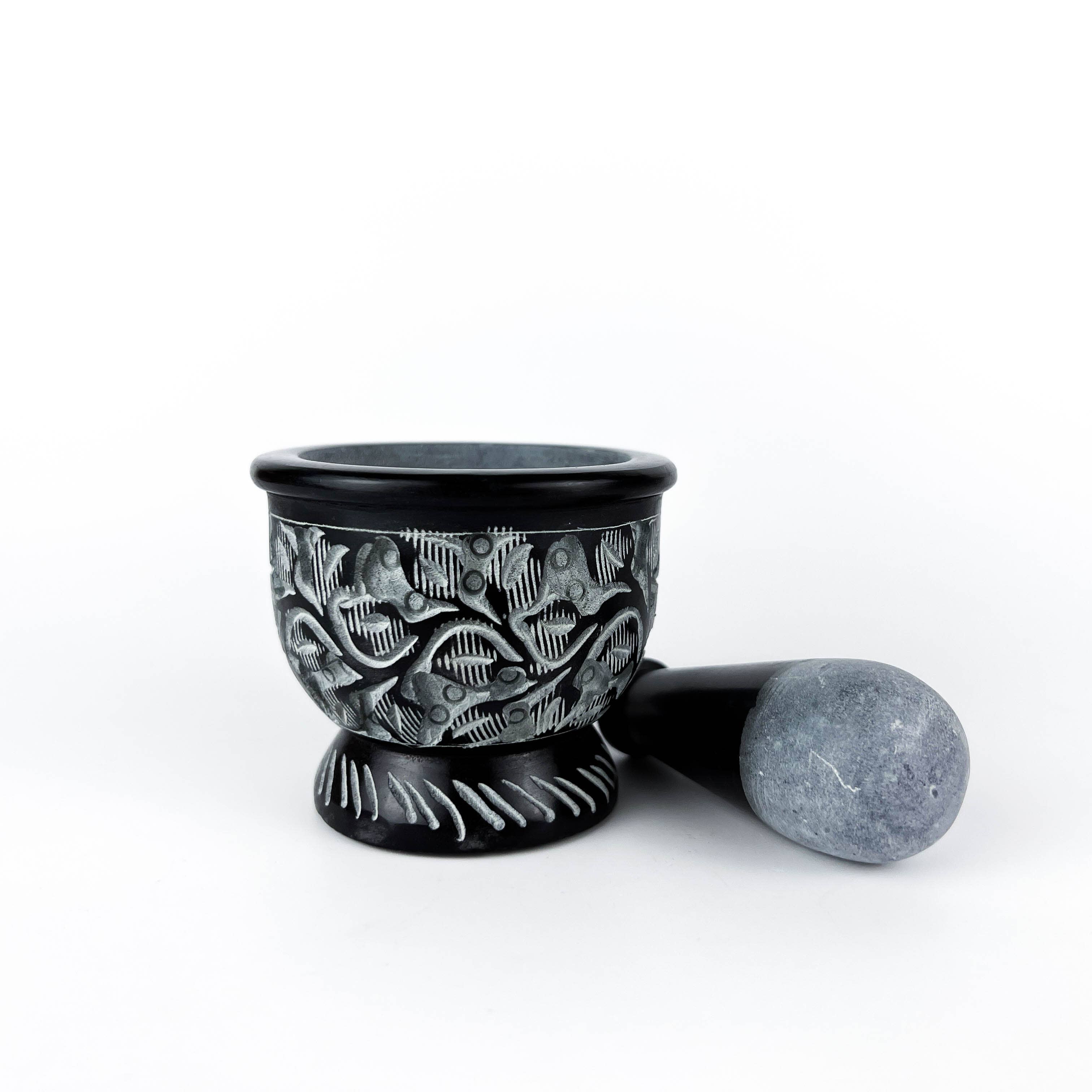 GREENROOTS USA LLC - Wholesale Mortar & Pestle - Black Carved Soapstone Mortar & Pestle 2.5"H, 3"D3