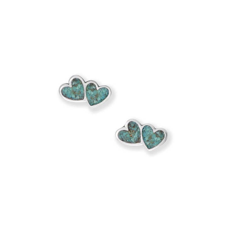Double Heart Stud Earrings Turquoise Chip Inlay Sterling Silver with Steel Posts Double Heart Stud Earrings Turquoise Chip Inlay Sterling Silver with Steel Posts