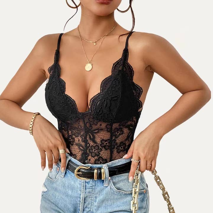 Chic Black Lace Sheer Sleeveless Bodysuit for wholesale on Faire8