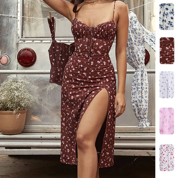 Sexet blomsterprint midikjole med bindebånd foran for engroshandel hos Halcyon Outfitters®