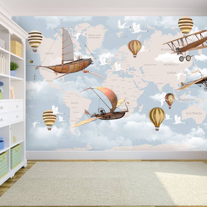 Les Panoramiques – Engroshandel Tapetrulle – Verdenskort tapet med flyvemaskiner, både og varmluftsballoner2