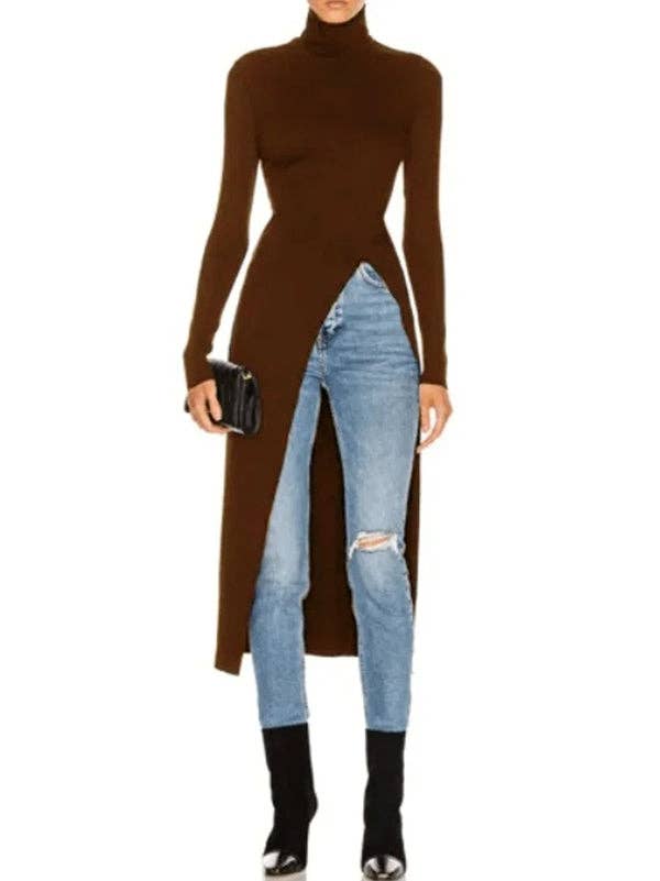 FurDecoration – Großhandel T-Shirt – Damen – Einfarbiges Skinny-Fit-T-Shirt mit hohem Kragen und geteilten Seiten3