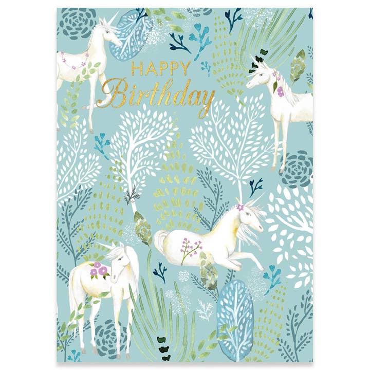 UNICORN FOREST BIRTHDAY GREETING CARD 4.5 x 6.25" for wholesale by Calypso Cards LLC