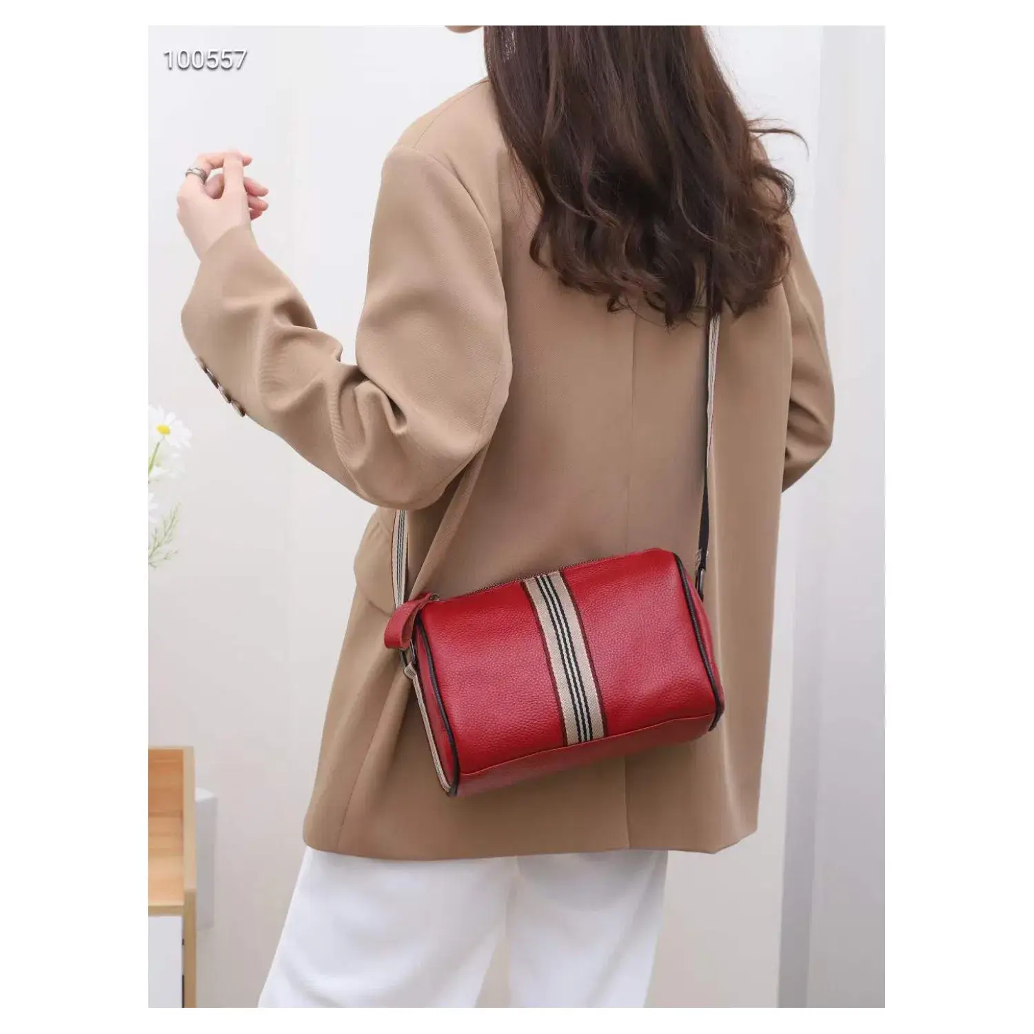 Superbia - Vente Sac porté épaule – femme - Sac tonneau en cuir véritable avec sangle en toile à rayures-Ytb-8187