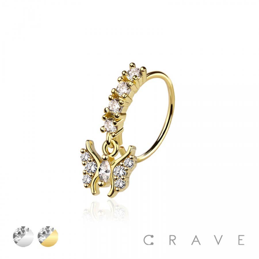 CRAVE - Wholesale Nose Ring - CZ BUTTERFLY PRONG DANGLE ROUND CZ GEM O-RING NOSE HOOP2