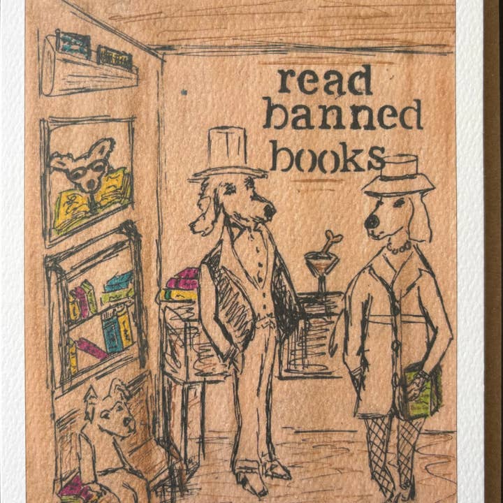 Bernie Street Studios - Wholesale Everyday Greeting Card - Read Banned Books illustrated library bar dog card