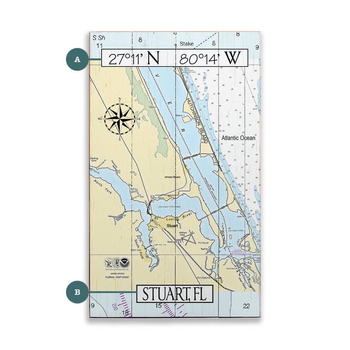 Stuart, FL, Gráfico de Área - Arte de Parede em Madeira e Metal por atacado de Old Wood Signs