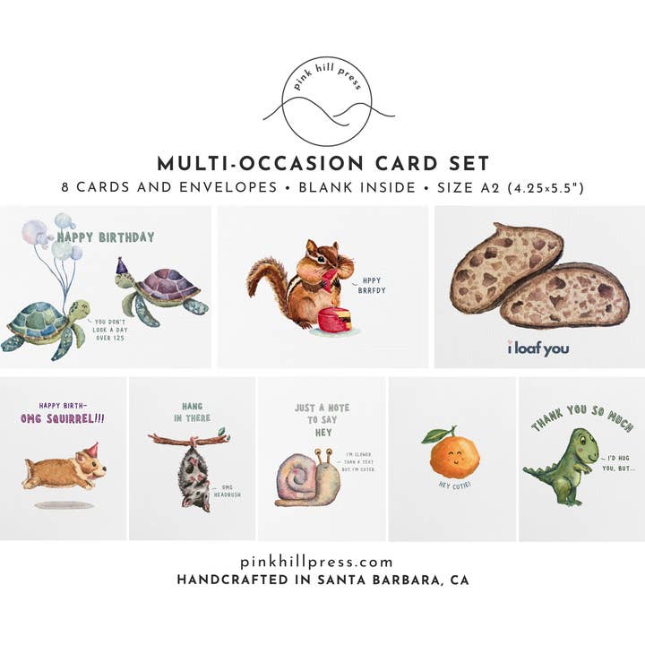 Multi-occasion variety card pack, Handmade A2 8-card set for wholesale by Pink Hill Press