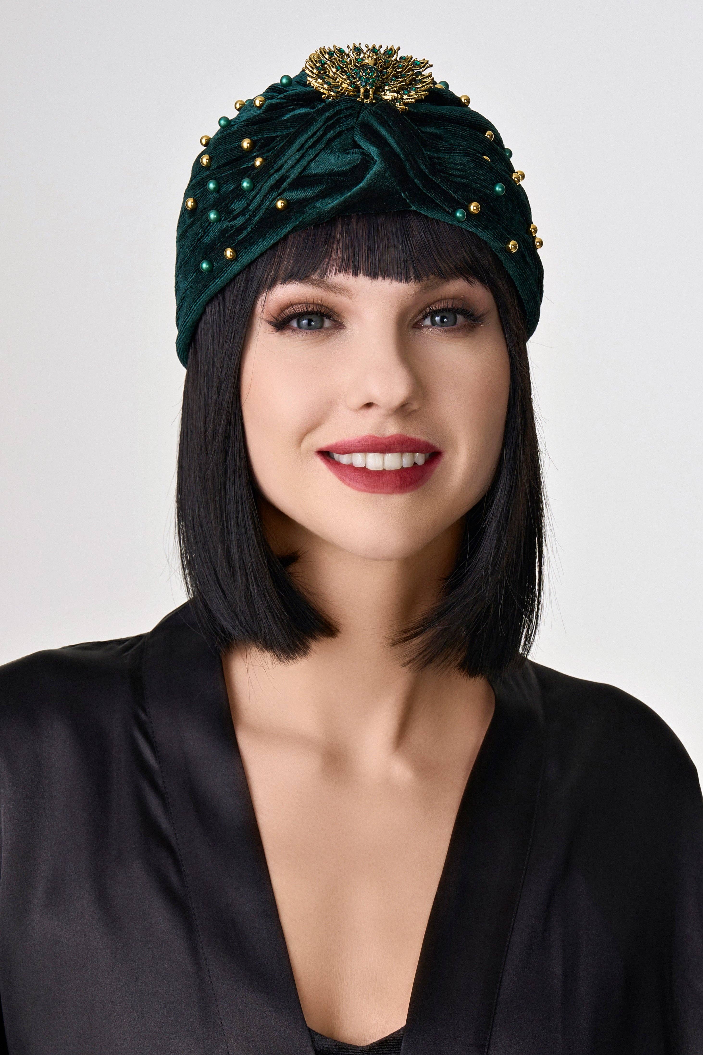 Forest Green Light Gold 1920s Beaded Peacock Turban Hat for wholesale on Faire1