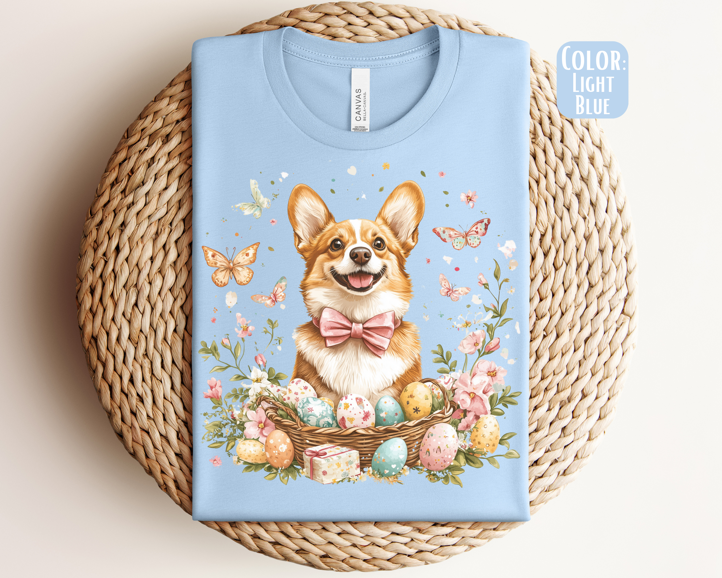 The Shirt Company – T-shirt gráfica - Mulher por atacado – Camiseta de Páscoa Corgi - Cão Corgi0