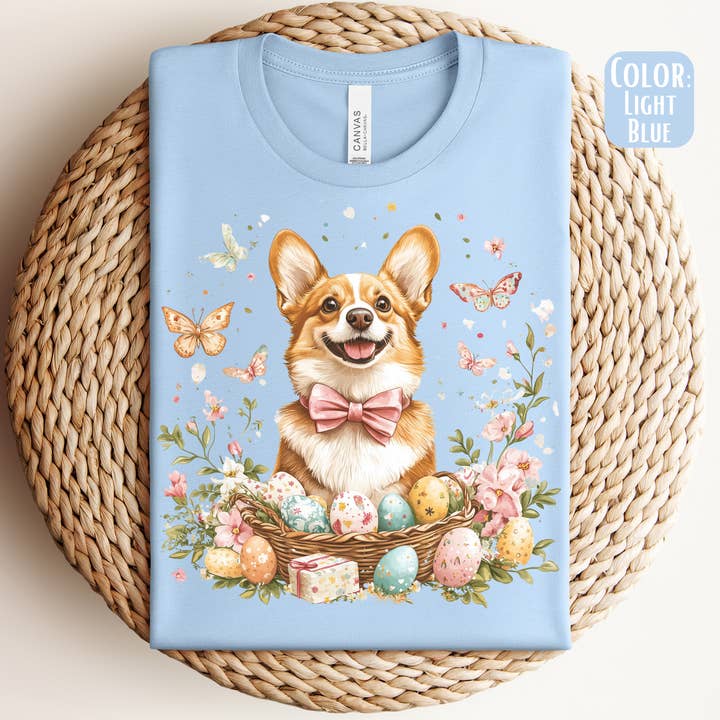 The Shirt Company – T-shirt gráfica - Mulher por atacado – Camiseta de Páscoa Corgi - Cão Corgi0