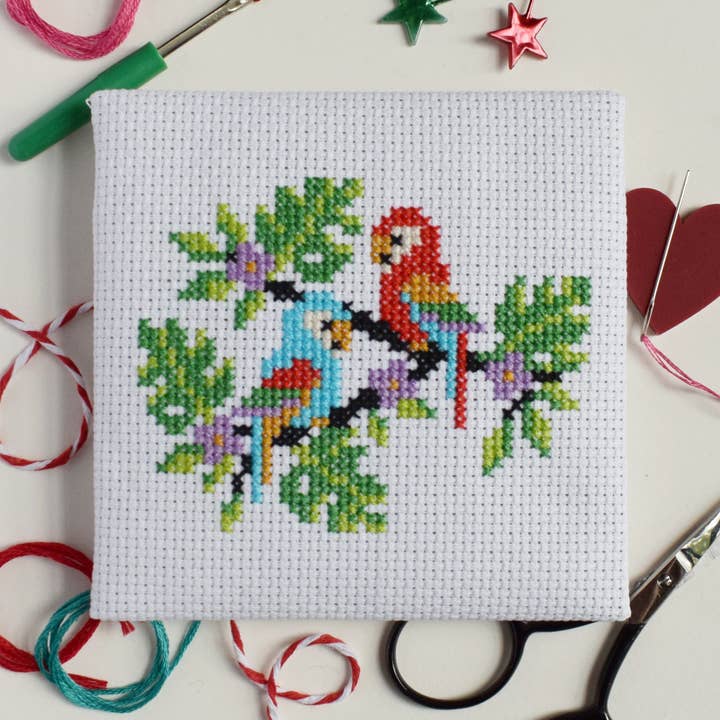 'Tropical parrots' Mini Cross Stitch Kit for wholesale by The Make Arcade
