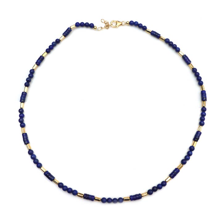Natural Lapis Balls And Tyre 18k Gold Filled Bead Necklace for wholesale by Fine Facets
