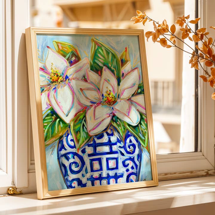 Magnolia Floral Art Print, Maximalist Art, Dopamine Decor, Trendy Colorful Wall Poster for wholesale by Audra Style