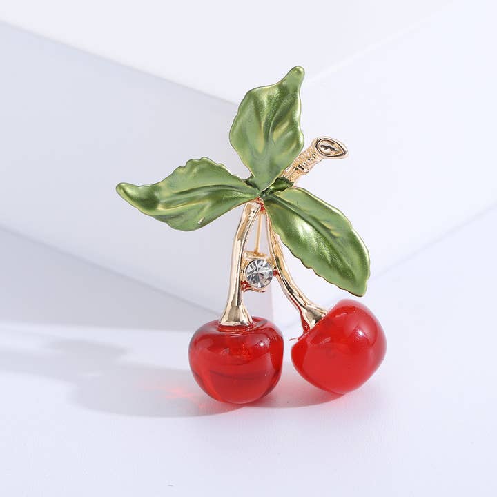 Chic Enamel Rhinestone Red Cherry Fruit Brooch for wholesale by Tourtiwi