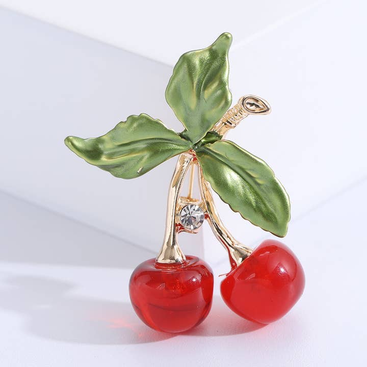 Chic Enamel Rhinestone Red Cherry Fruit Brooch for wholesale by Tourtiwi
