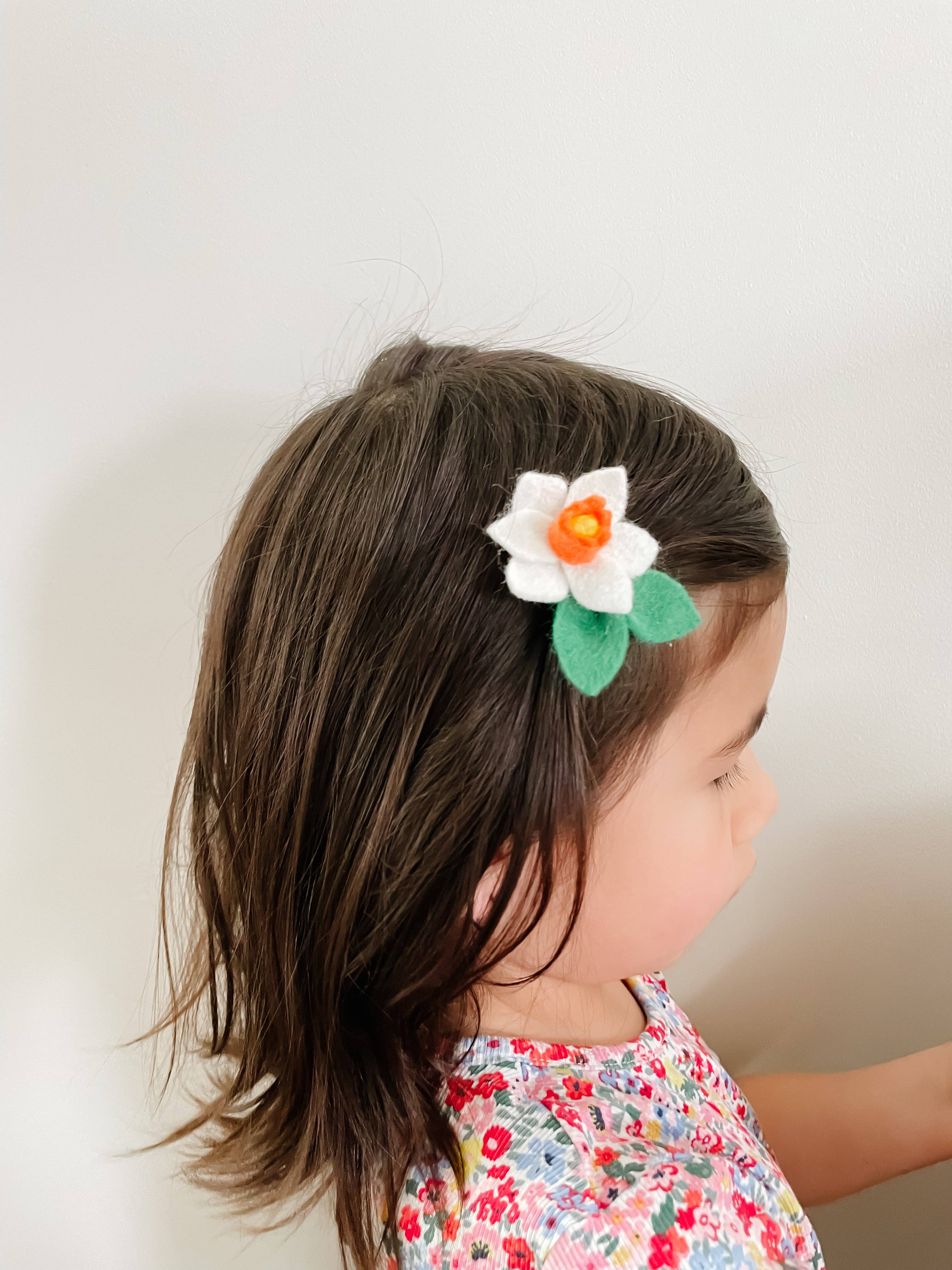 delphinette - Vente Élastique à cheveux – enfant - Cravate à cheveux Narcisse, cadeau floral pour le mois de la naissance de décembre2