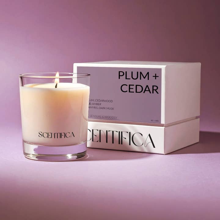 Plum + Cedar Soy Candle for wholesale by Scentifica