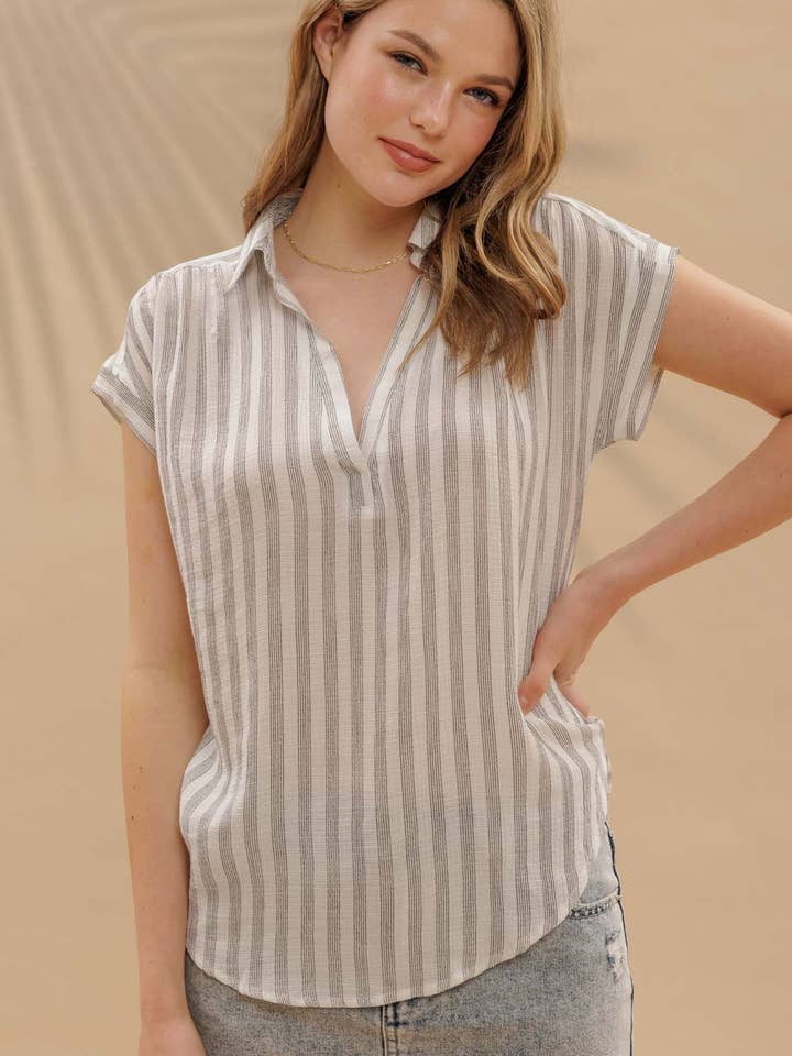 Blu Pepper - Wholesale Blouse - Women's - STRIPE COLLARED CUFF SLEEVE LIGHTWEIGHT SHIRT