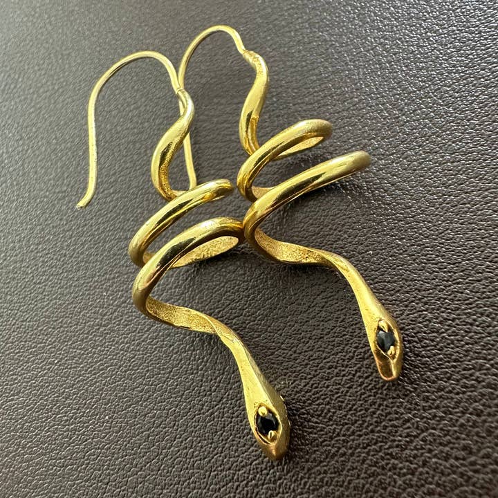 Anokhi Green | Handmade Gemstone Jewelry - Wholesale Hoop Earrings - Green Zircon Eyes | Gold Snake Hoop Earrings | Spiral Snake1