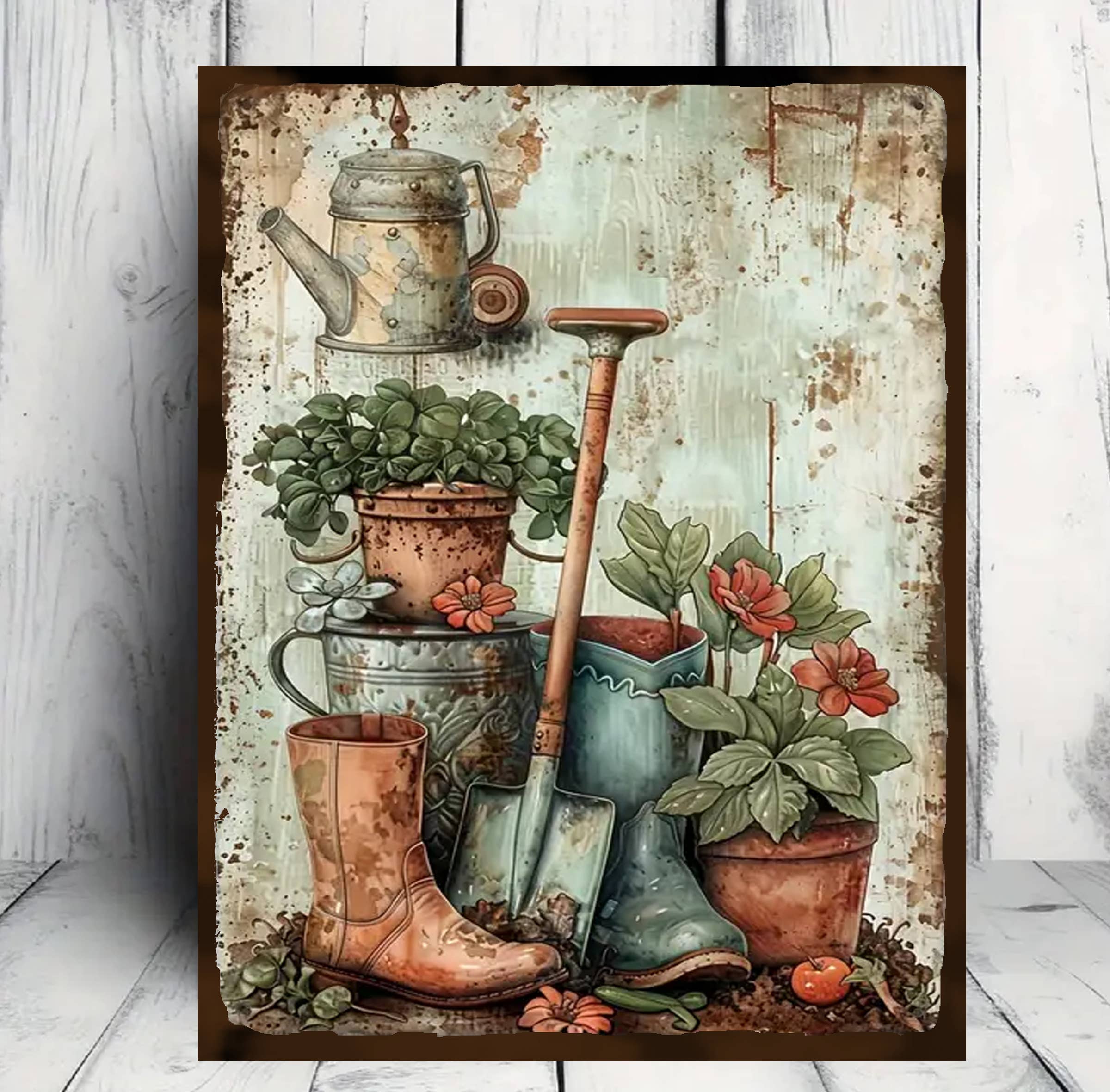 Bad Bunny Designs - Wholesale Art Print - Gardening Scene Plants & Boots  Metal Sign
  

           2