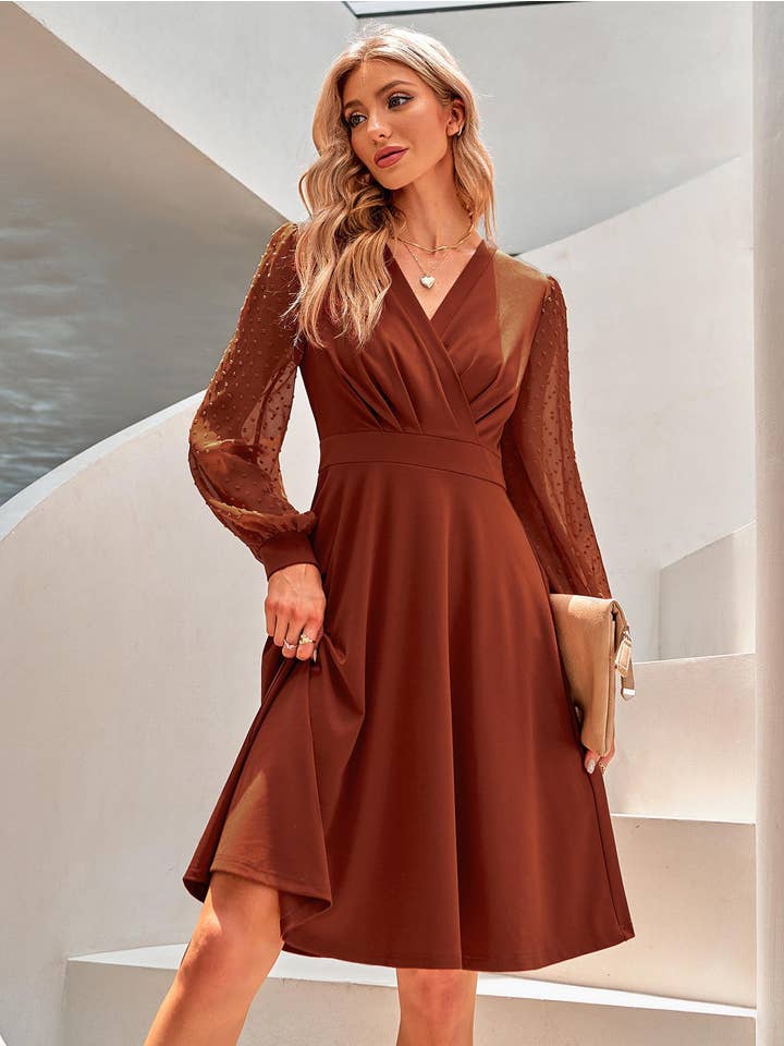ePretty - Wholesale Dress - Women's - SZ2-DR52262 Faux Wrap Swiss Dots Long Sleeve Dress