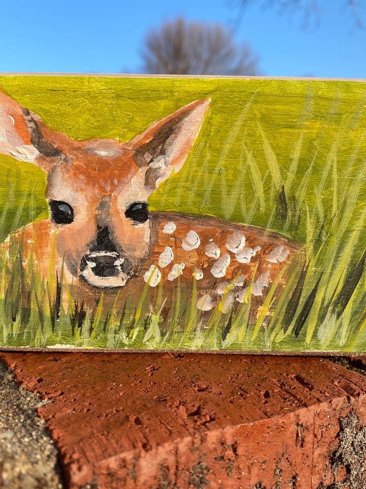 Rustic Hand-Painted Cute Fawn Wooden Block- Spring 2026 for wholesale by Kelly Jean Paintings