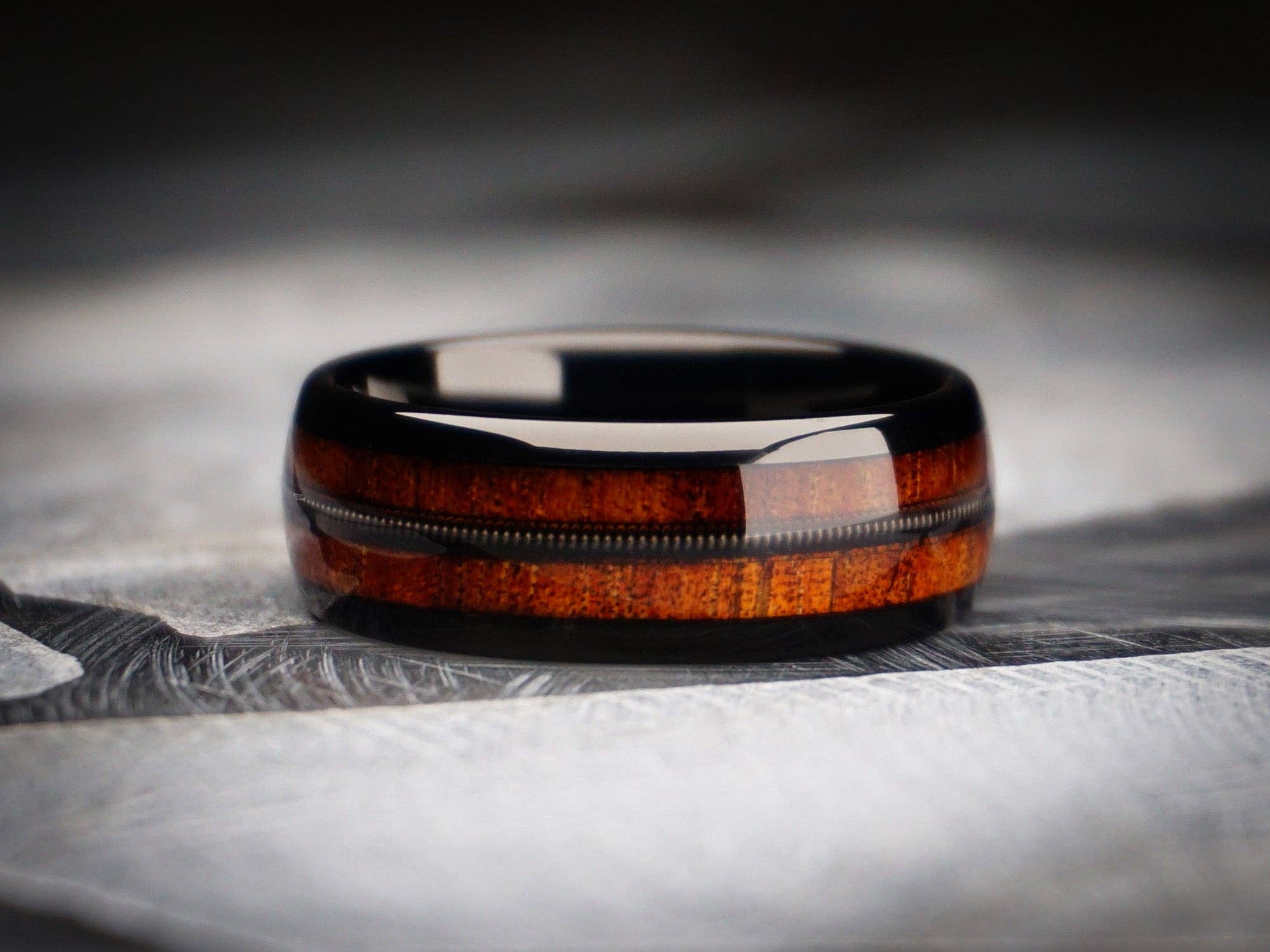 Redwood Rings - Wholesale Band/Stacked Ring - Black Tungsten Ring, Guitar String and Koa Wood Inlay - 8MM3