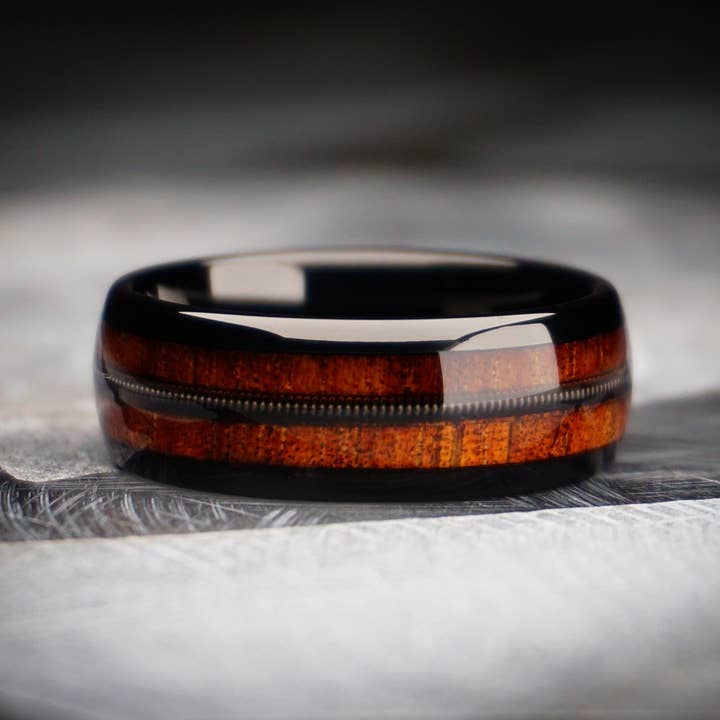 Redwood Rings - Wholesale Band/Stacked Ring - Black Tungsten Ring, Guitar String and Koa Wood Inlay - 8MM3