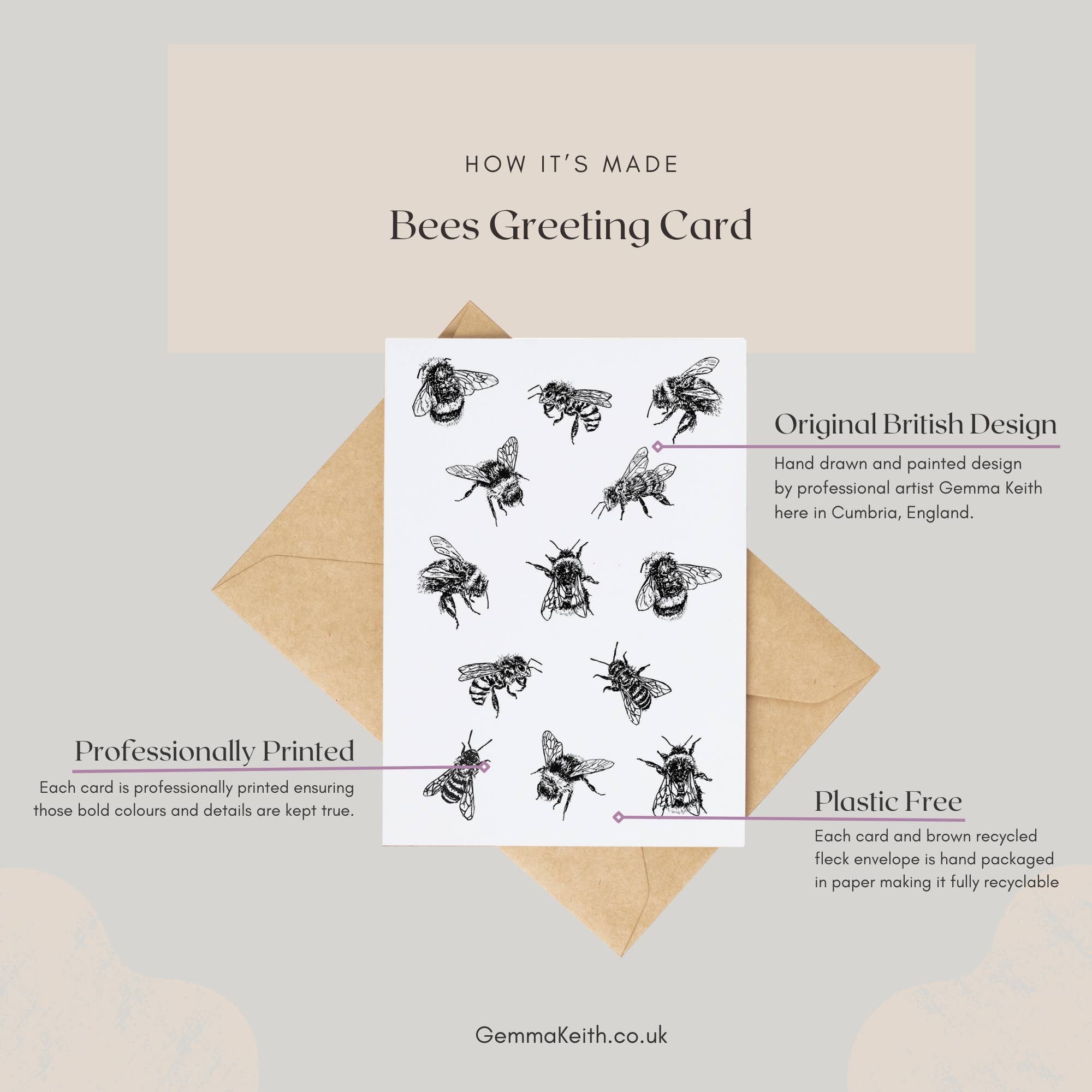 Gemma Keith Designs - Wholesale Everyday Greeting Card - Black Bees Greeting Card Single2