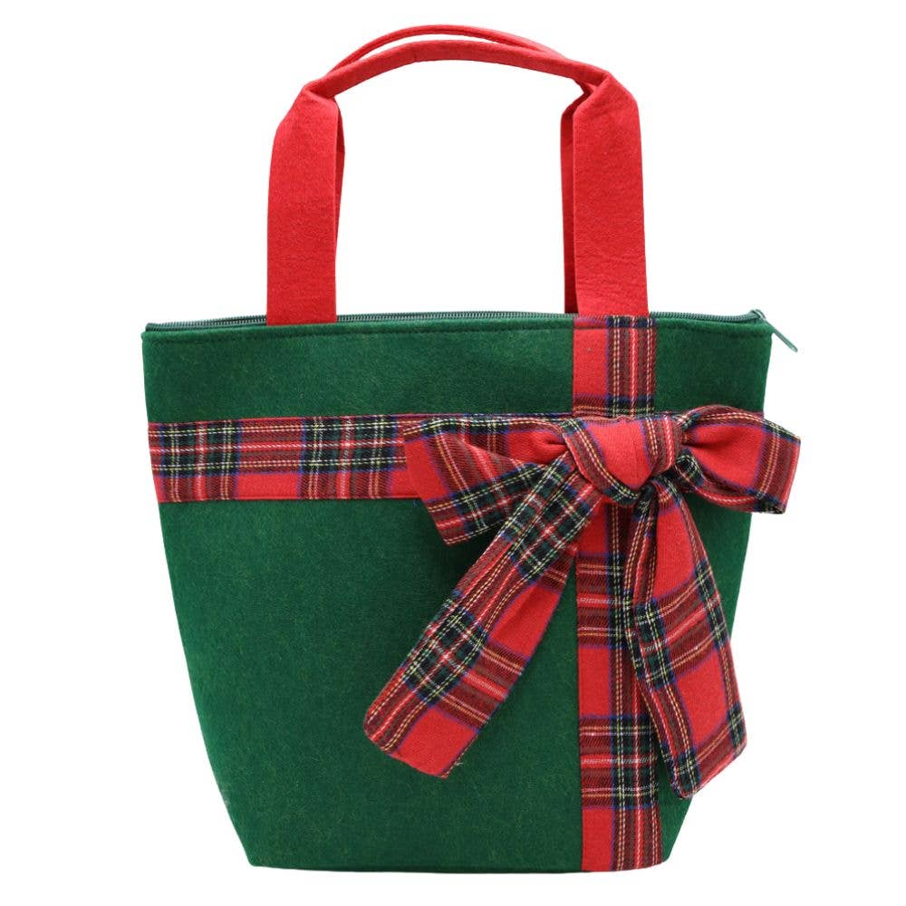 JOIA ACCESSORIES - Wholesale Tote Bag - Women's - CHRISTMAS GREEN TOTE BAG WITH RED PLAID BOW, MB 03211