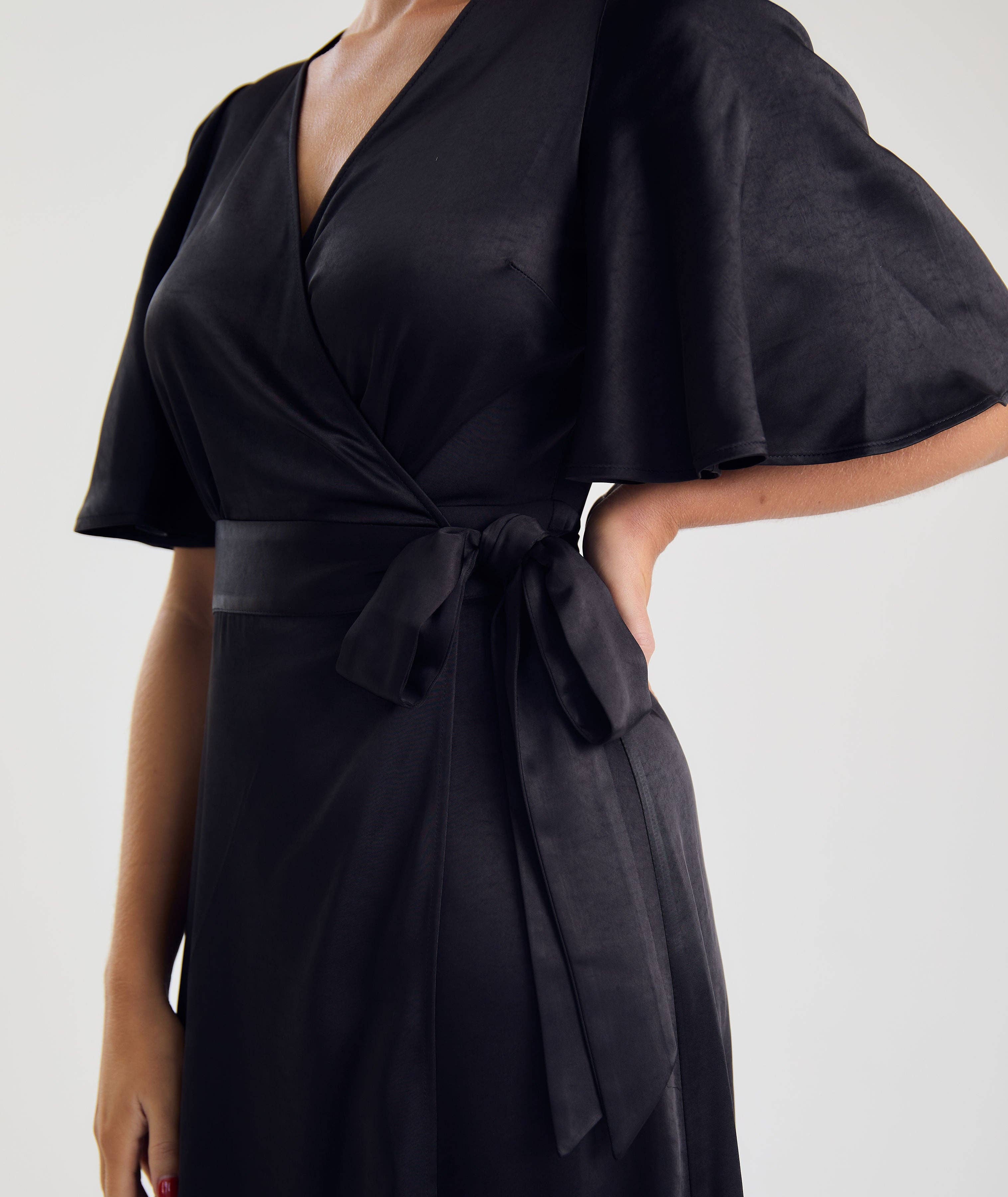 Six Stories - Wholesale Dress - Women's - Wrap Tie Satin Bridesmaid Dress - Black1