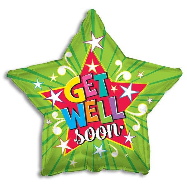 Get Well Soon Green Star Foil Balloon - Bagged for wholesale by Kelli's