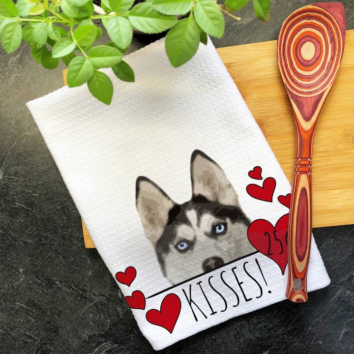 Torchon de cuisine Siberian Husky Dog Hearts and Kisses pour la vente par Swanky Bazaar