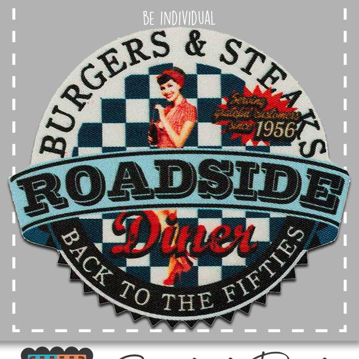 white Iron-on Patch Pin Up Girl Vintage Roadside 50 Years for wholesale on Faire1
