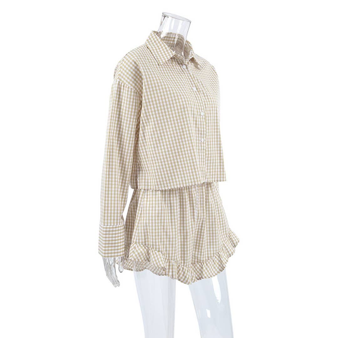 Khaki Ruffled Long Sleeve Plaid Shorts Loungewear Set ONK66 for wholesale on Faire3