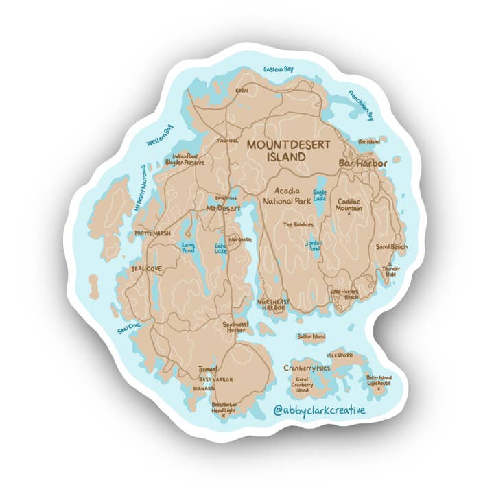 Mount Desert Island Acadia Maine Map Sticker for wholesale by Abby Clark Creative