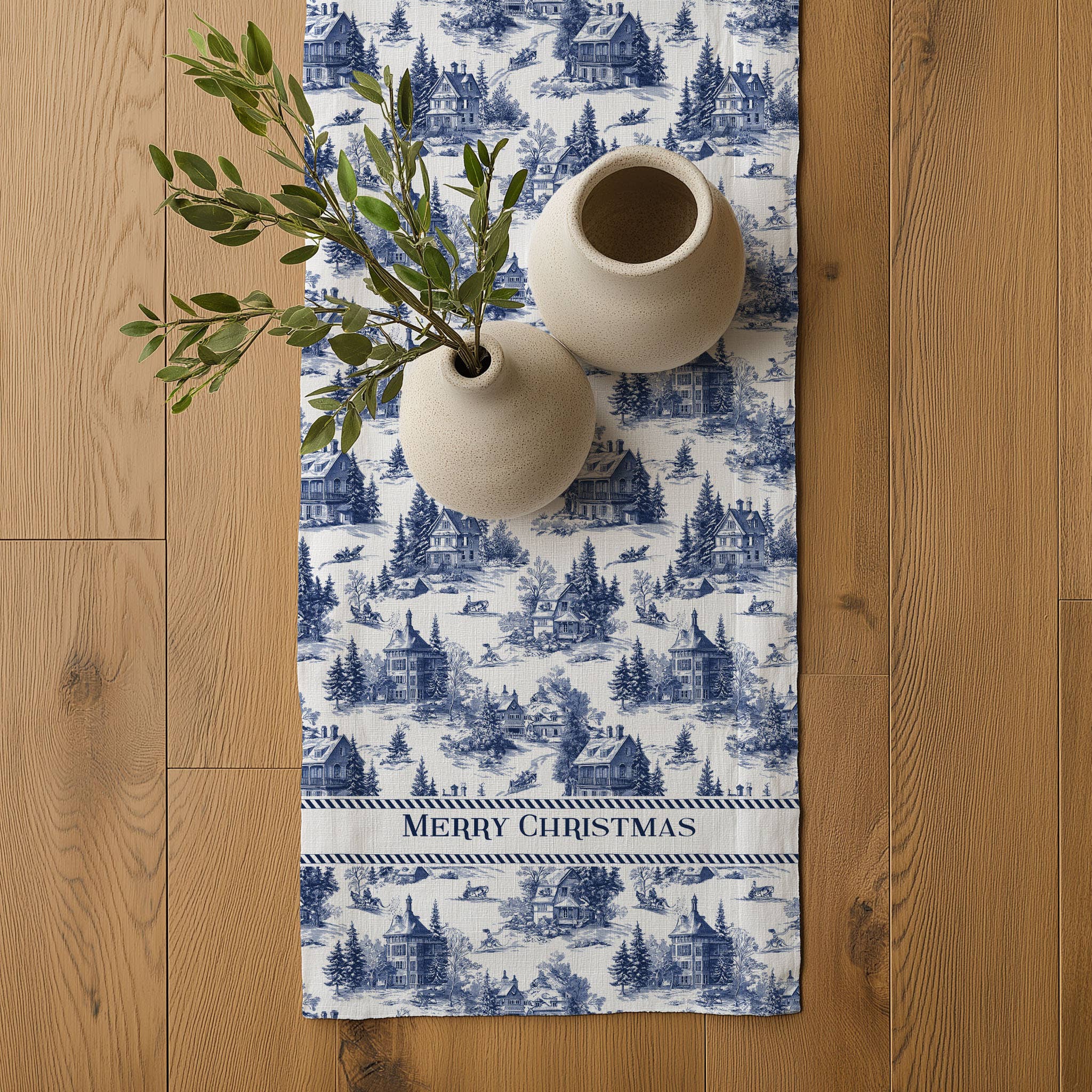 NorraVilla – wholesale Table runner – 100% Linen Runner Merry Christmas Toile de jouy Country5