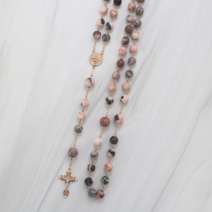 Handmade Pink Marble 16k Gold Filled Rosary Beads for wholesale by Forever Rosary