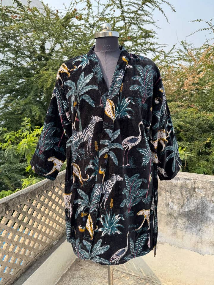 Vintage-Inspired Printed Velvet Kimono Night Wear Gown for wholesale by bhavnas boutique