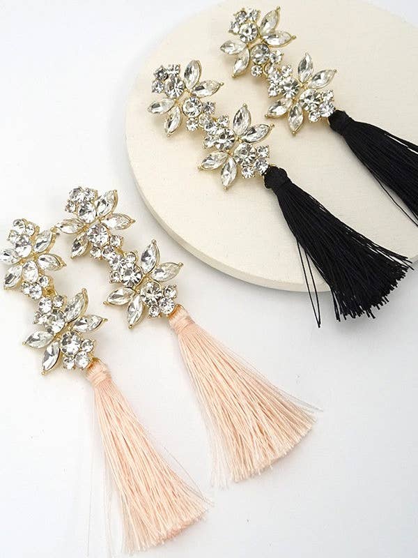 FLOWER RHINESTONE W/TASSEL LINEAR EARRINGS | 51E20371 for wholesale by JOSSLYN by wall to wall