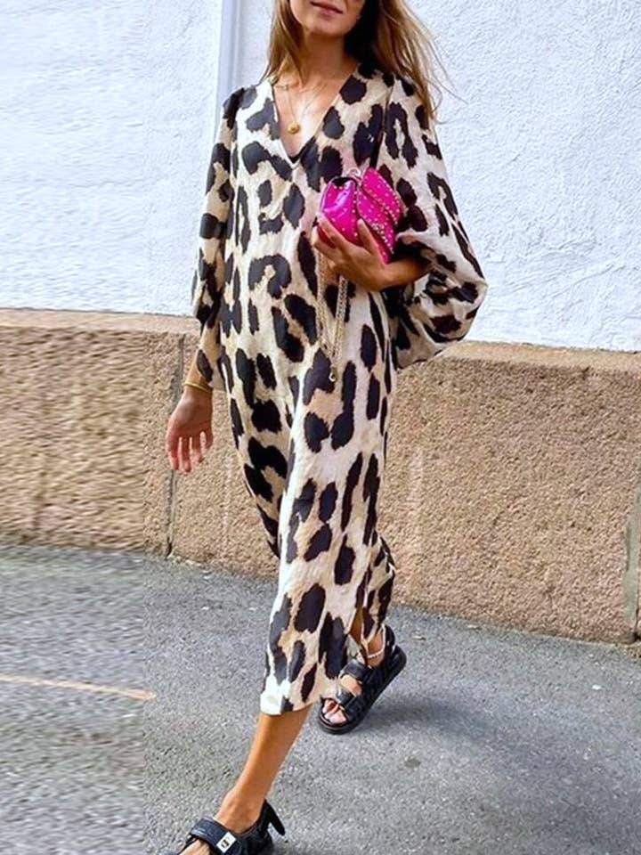 Chic Leopard Print V-Neck Batwing Sleeve Dress for wholesale on Faire