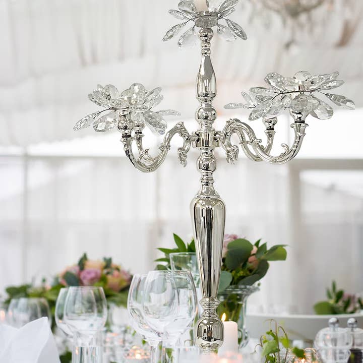 5 Arm Crystal Candelabra Metal Candle Holder, Silver for wholesale on Faire