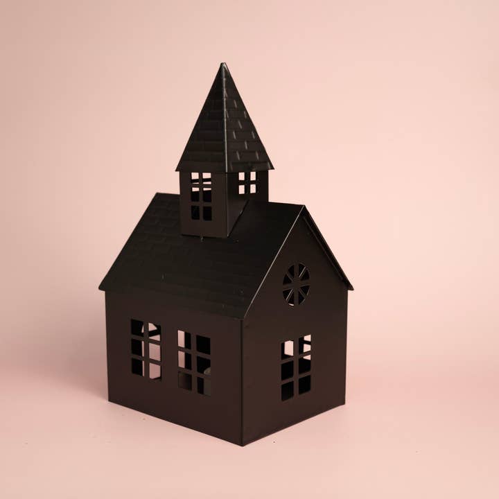 11"H Black Metal Light-Up Church House for wholesale by LINSPIRE