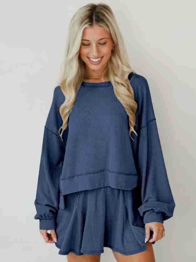 Marayn - Wholesale Top & Skirt Set - Women's - Autumn Ribbed Set Lantern Sleeve Top Pleated Skirt14