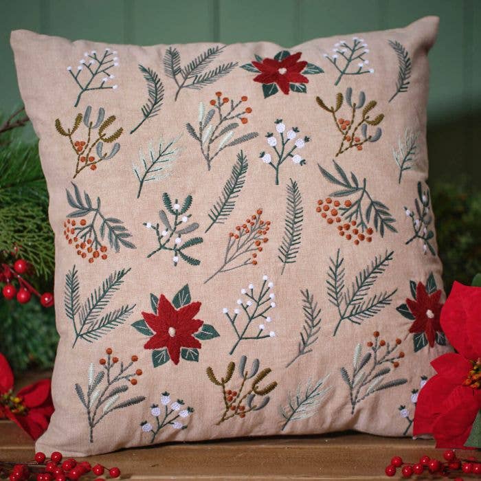 Langs - Wholesale Throw/decorative pillow - Poinsettia and Foliage 100% Cotton Embroidered Cushion